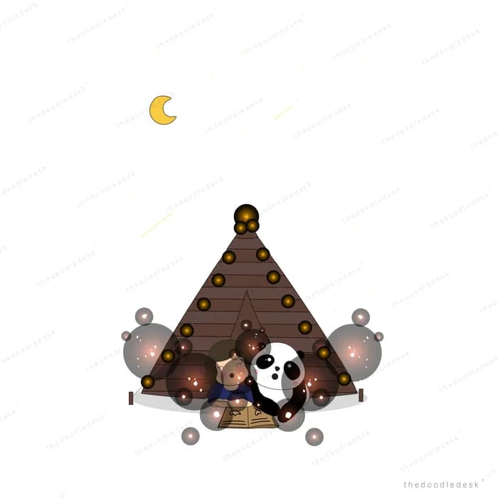 Panda inside a dark wooden tent among orbs