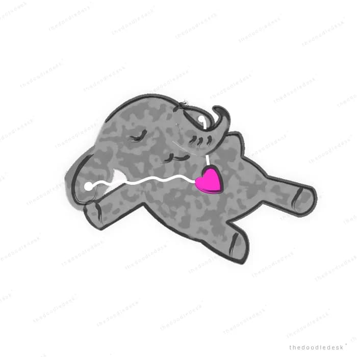 Grey elephant lying down holding a heart