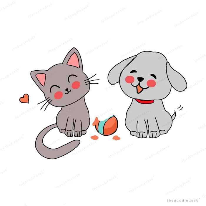 Cat and dog sitting back to back with a snack