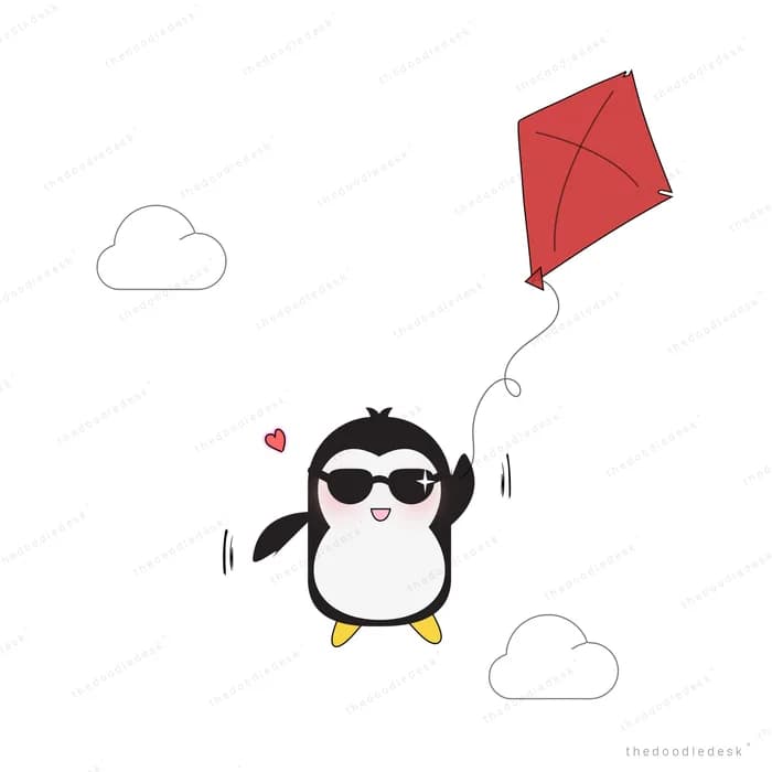 Penguin flying a red kite among clouds