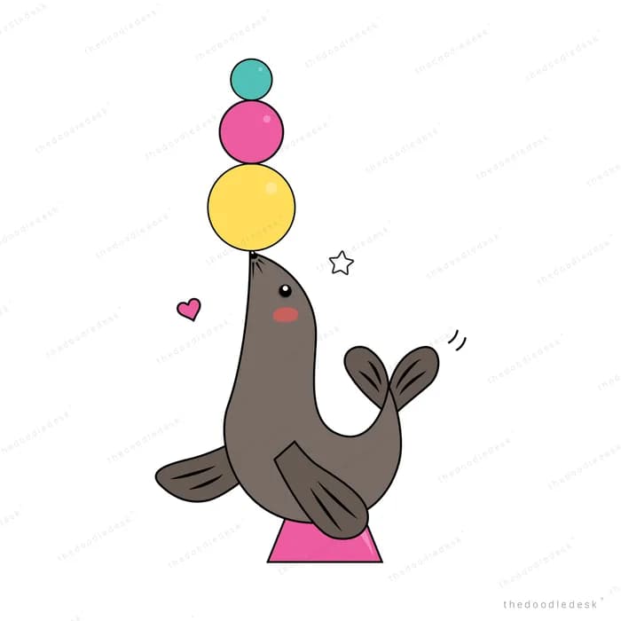 Seal balancing coloured balls on its nose
