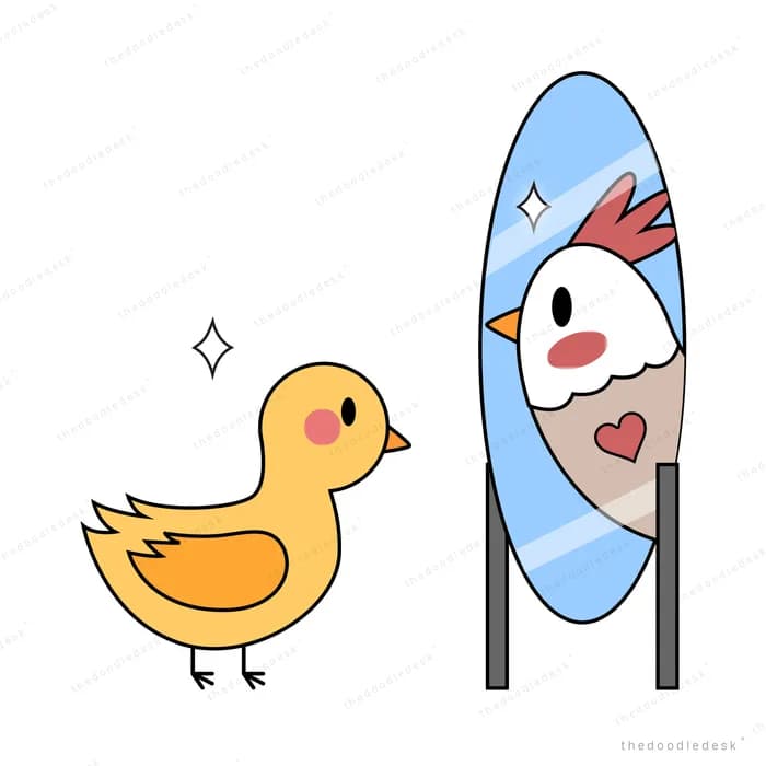 Duck looking at its reflection in a tall mirror