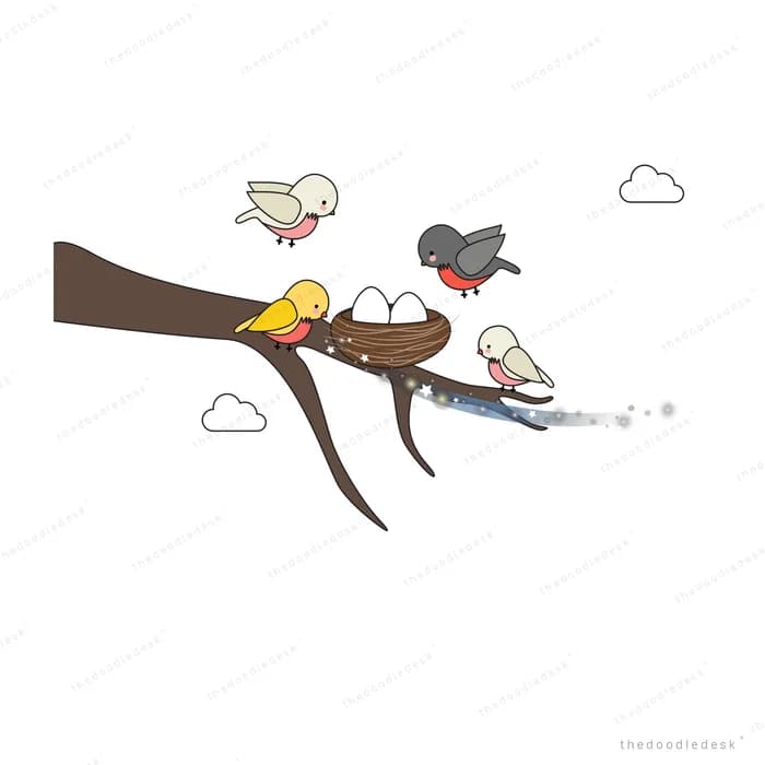 Birds perched along a bare branch with a chain