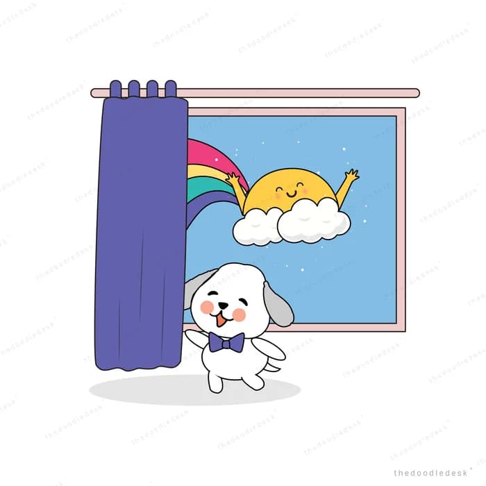 Dog looking at a framed picture of a sun and rainbow