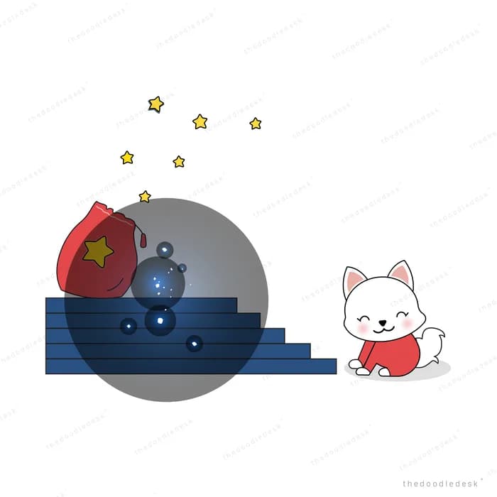 Cat beside a dark orb on steps with stars