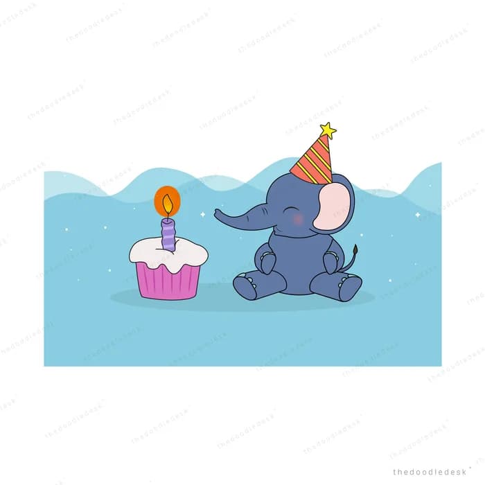 Elephant in a party hat with a birthday cupcake