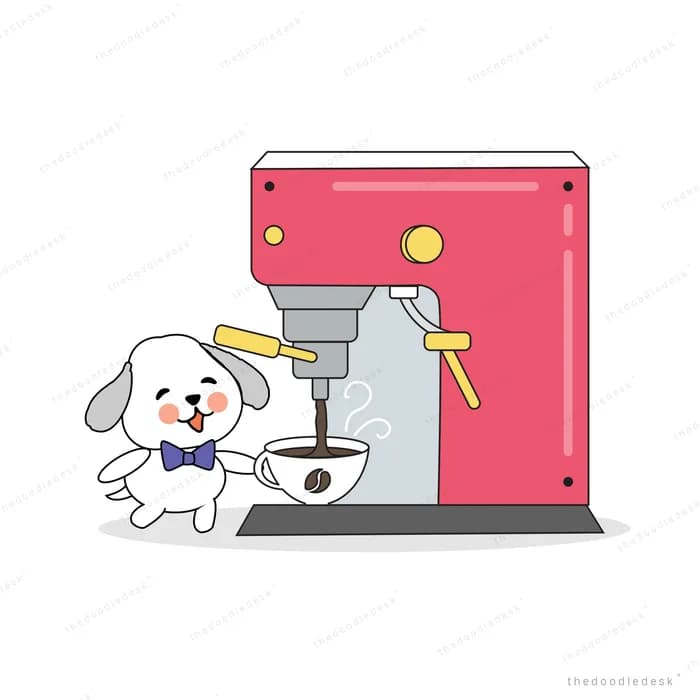 Dog operating a red coffee machine