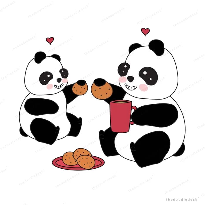 Pandas sharing food and drinks together