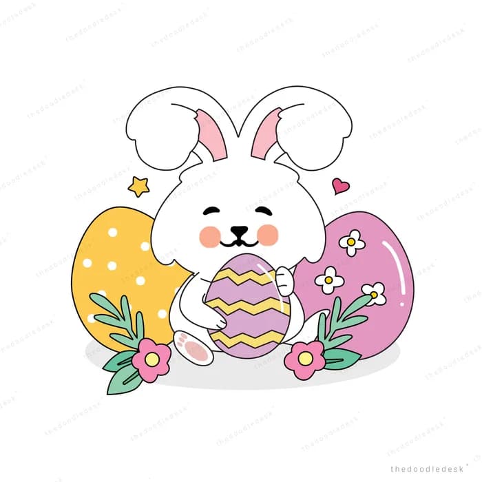 Rabbit with decorated easter eggs and flowers