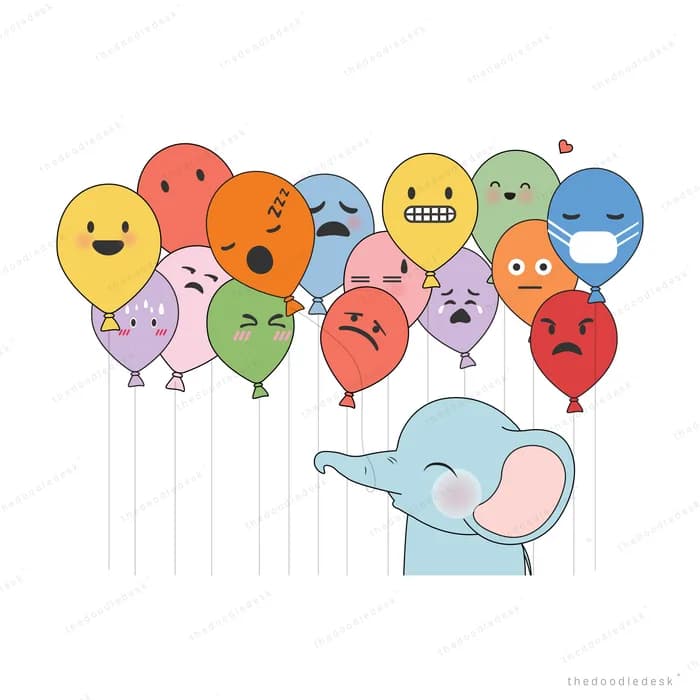 Elephant beneath balloons with many different faces