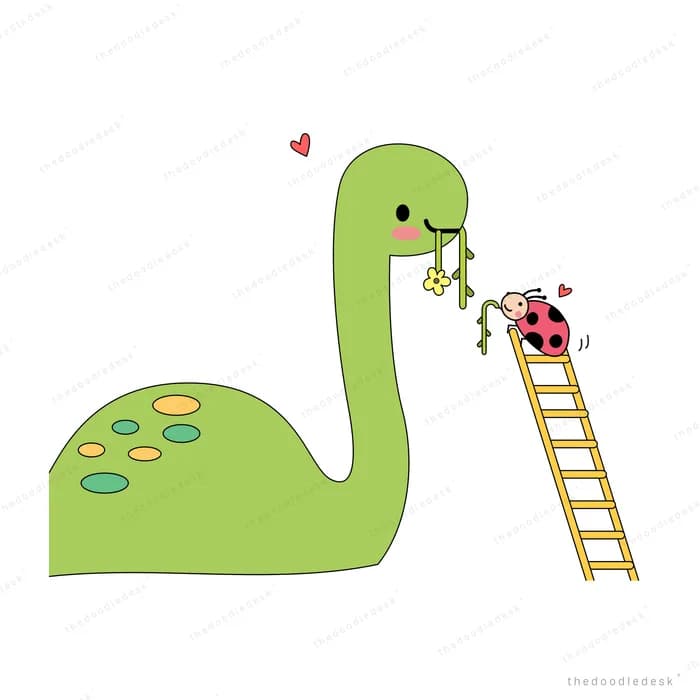 Green dinosaur beside a ladder with a ladybug