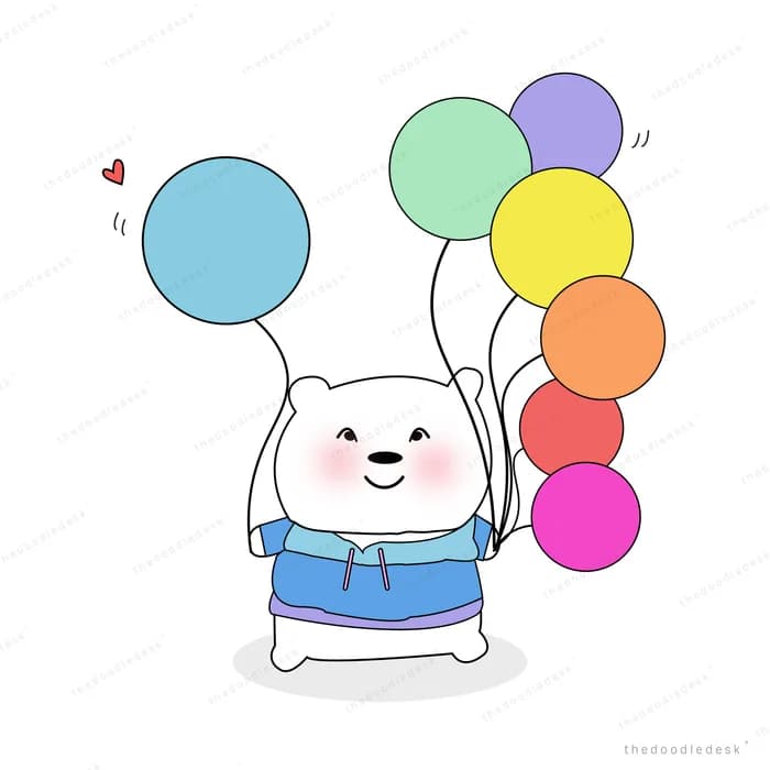 Bear holding a bunch of colourful balloons