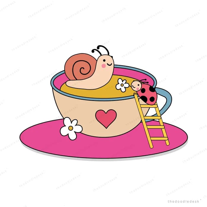 Snail climbing into a pink bathtub with a ladder