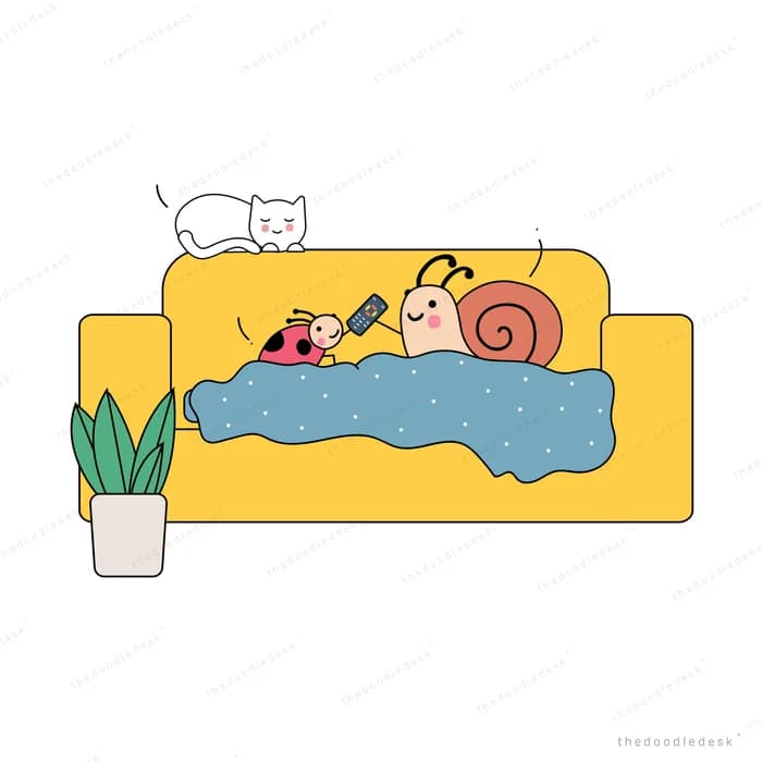 Snail lounging on a yellow sofa with a cat above