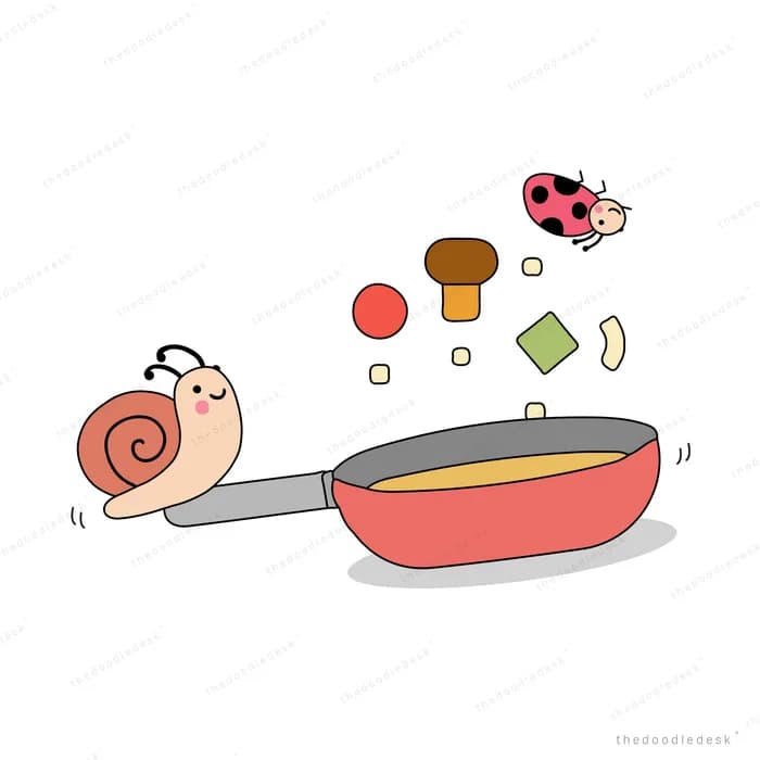 Snail cooking with a frying pan and vegetables