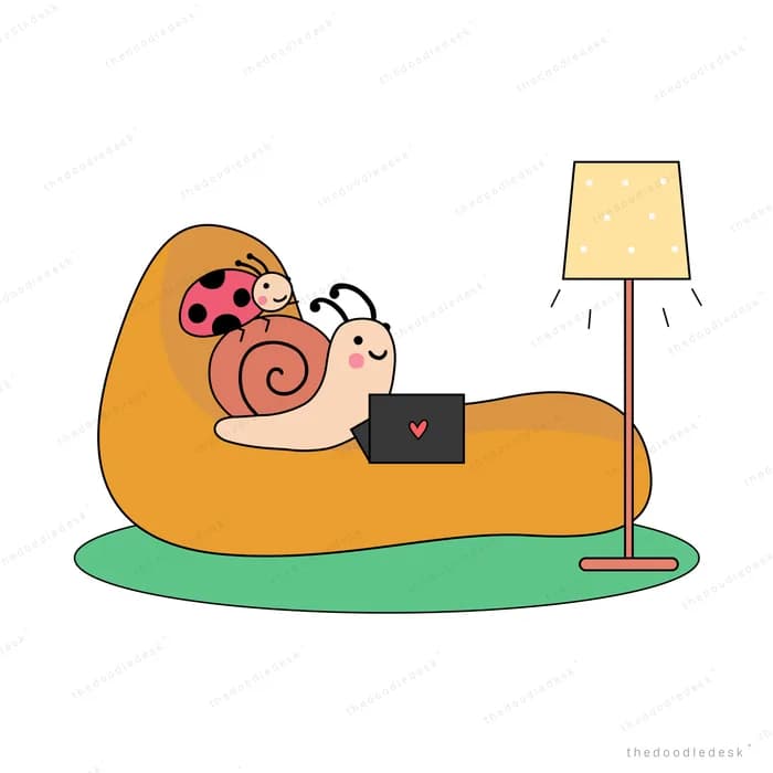 Snail reclining on a bean bag with a lamp and tablet