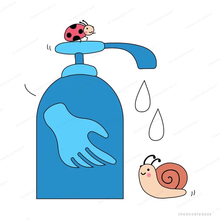 Snails beside a large hand sanitiser bottle