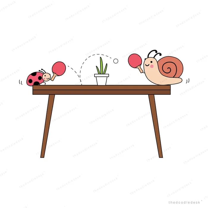 Snail and ladybug on a wooden table with a plant