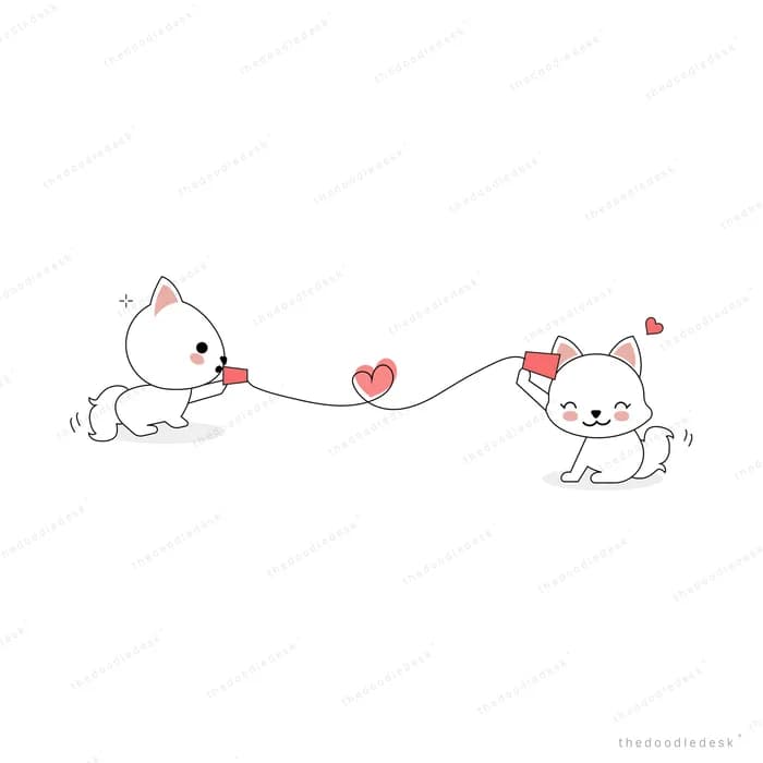 Two cats pulling a string of hearts apart