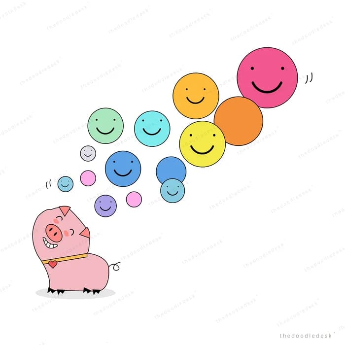Pig beneath a stream of colourful emoji faces