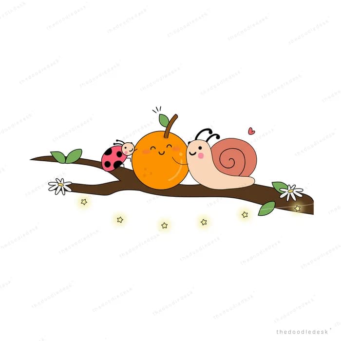 Snail beside a smiling orange on a branch
