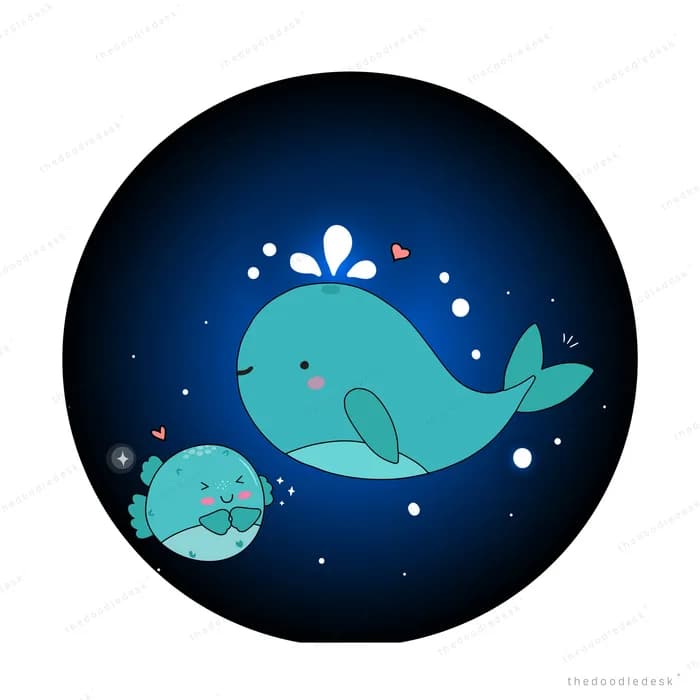 Whales swimming in a dark starry orb