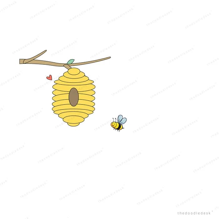 Beehive hanging from a branch with a bee