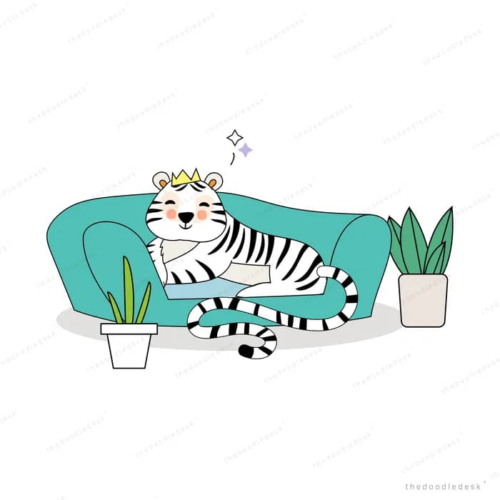 Crowned tiger lounging on a green sofa
