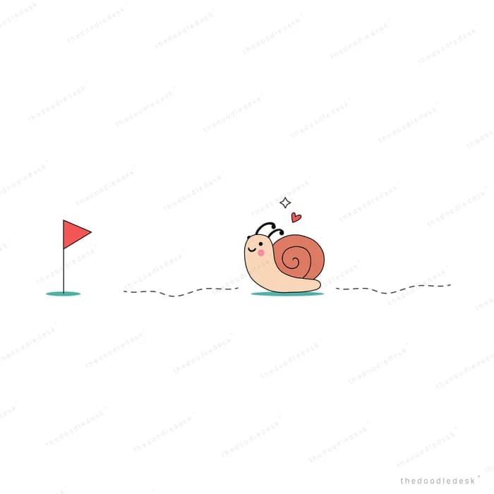 Snail crossing a dotted path toward a red flag