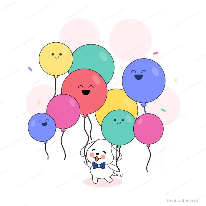Dog among many smiling face balloons