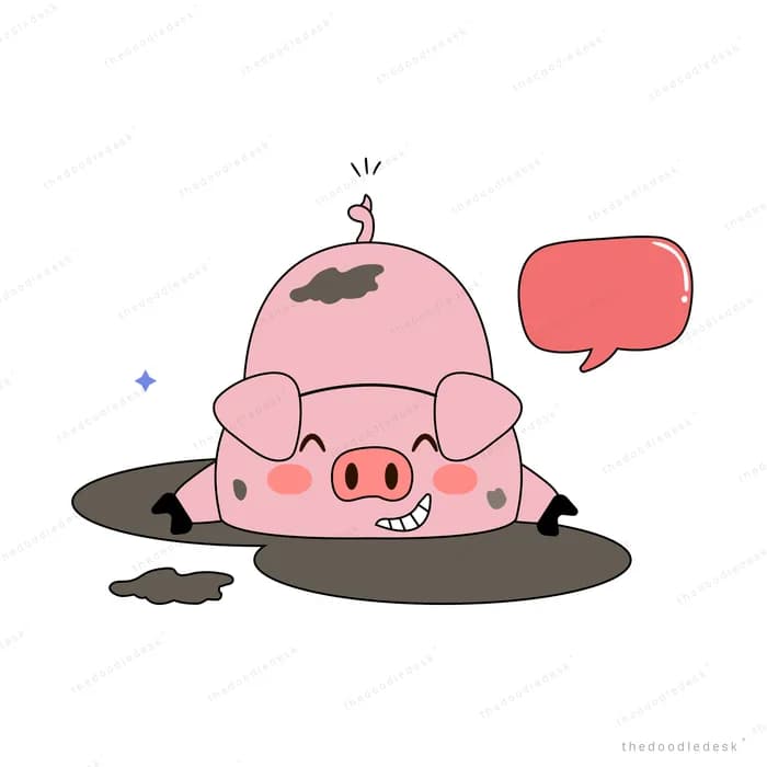 Pig lying in mud with a speech bubble