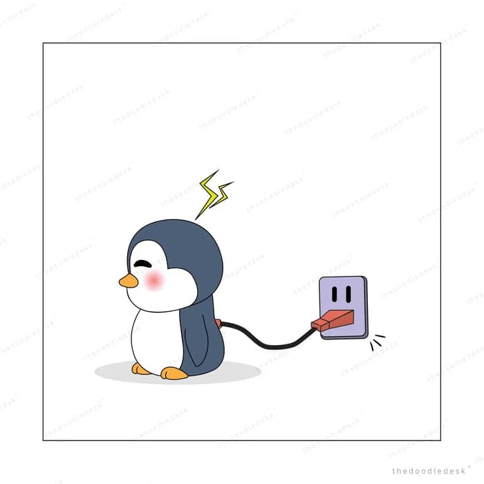 Penguin plugging a cable into a wall socket