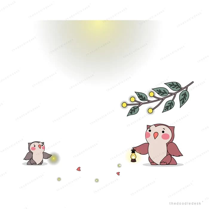 Owls on a branch beneath a large pale moon