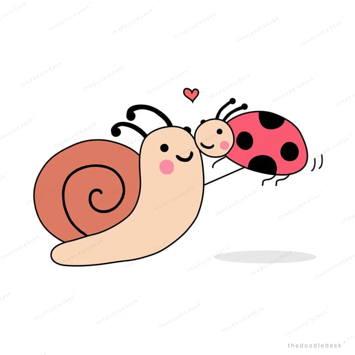 Snail nuzzling a ladybug with hearts