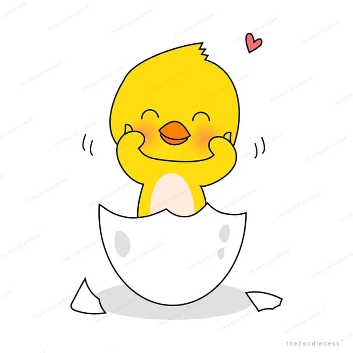 Chick standing in a cracked eggshell with a heart