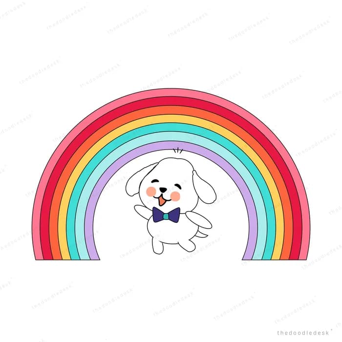 Dog sitting under an arching rainbow