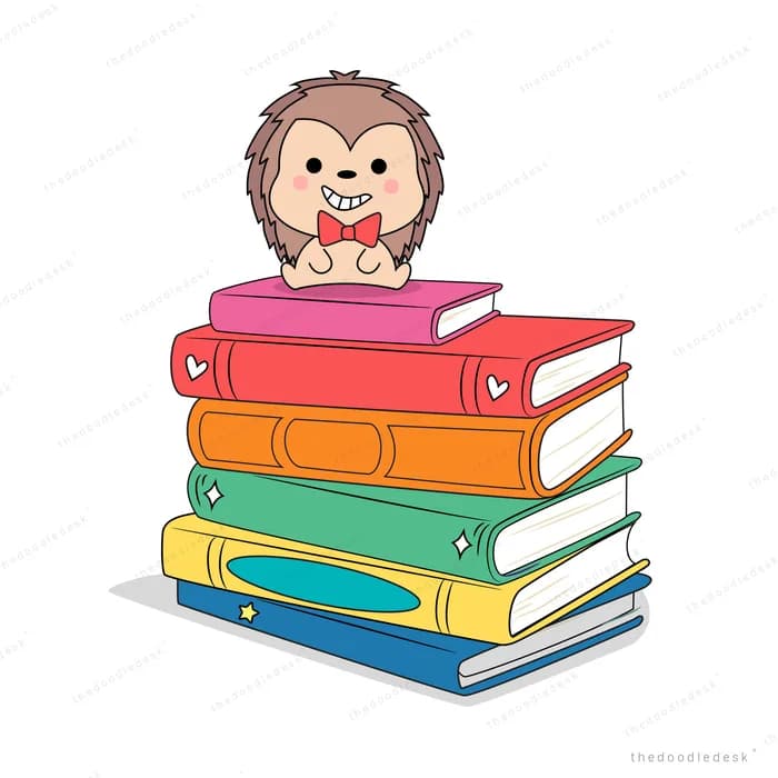 Hedgehog perched on a tall stack of books