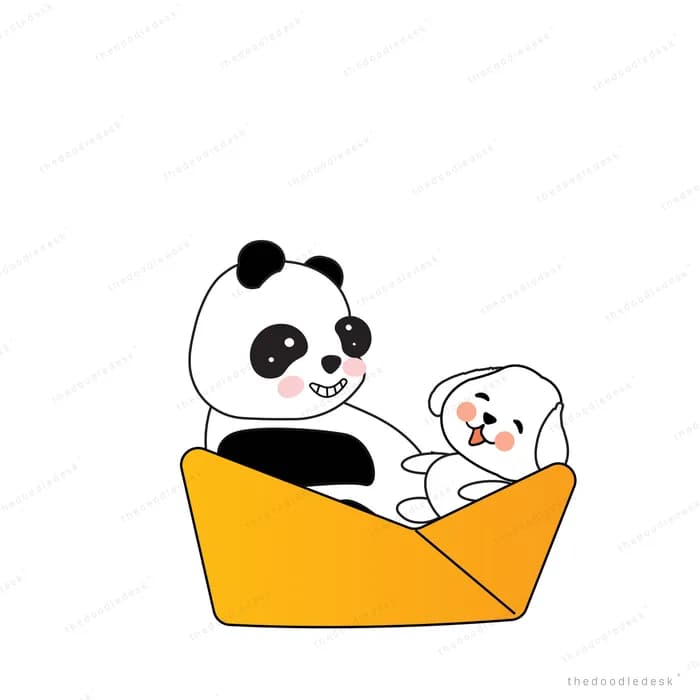 Panda and dog sitting together in a yellow boat