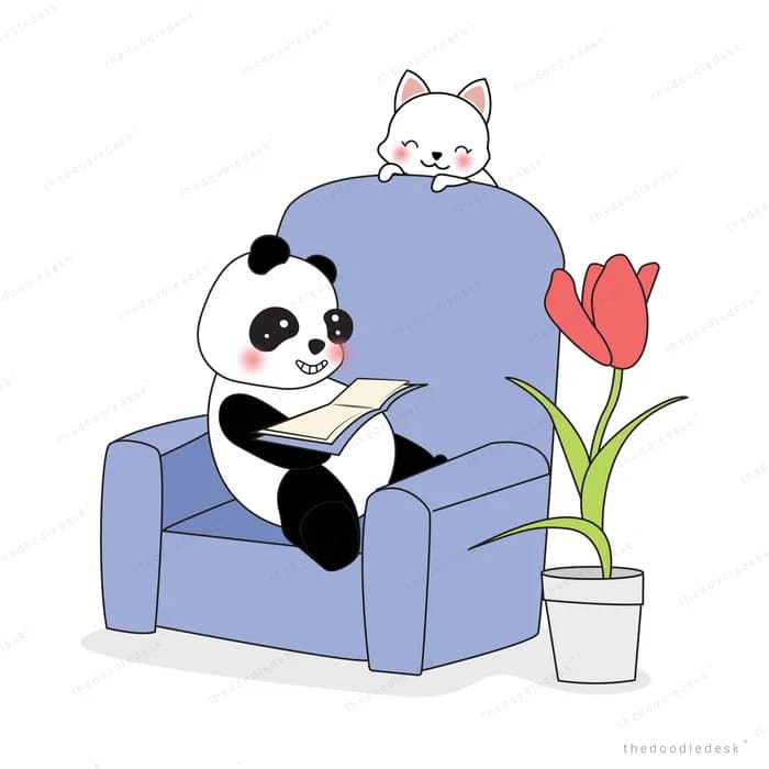 Pandas on a grey armchair beside a tulip plant