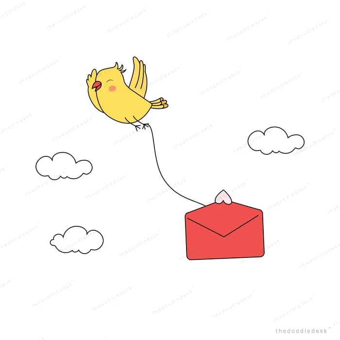 Bird carrying a red envelope through clouds