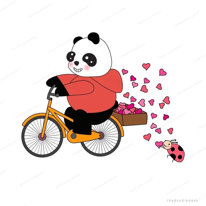 Panda cycling with a basket of hearts
