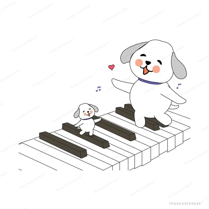 Dogs walking along giant piano keys