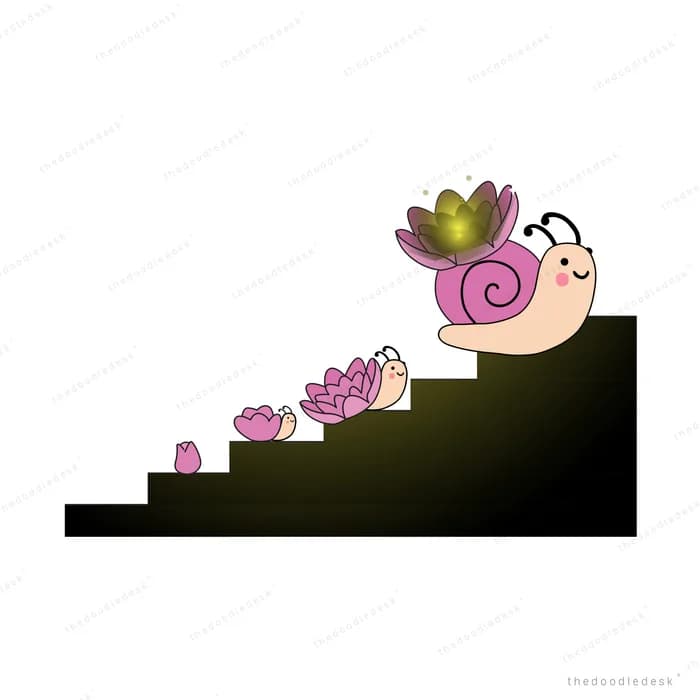 Snail climbing dark steps carrying a plant