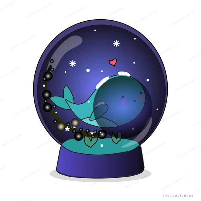 Whale inside a starry snow globe