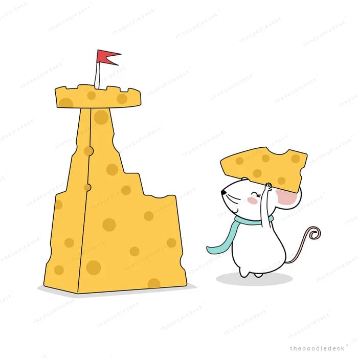 Mouse beside a sandcastle made of cheese