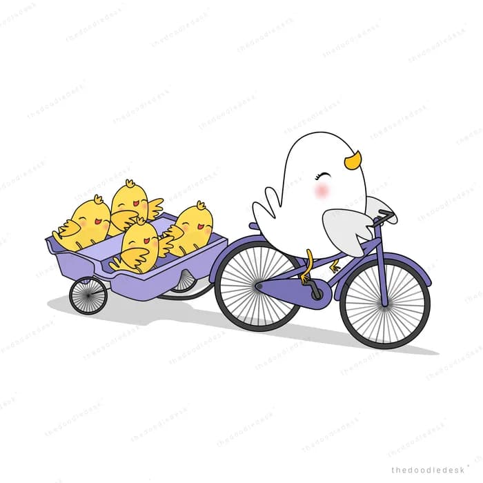 Duck cycling a cart loaded with yellow bundles