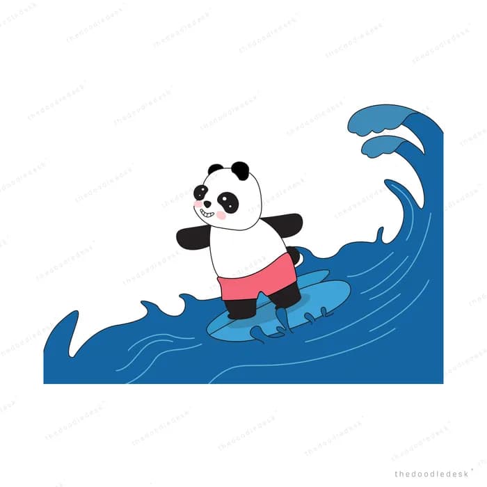 Panda surfing a large blue wave