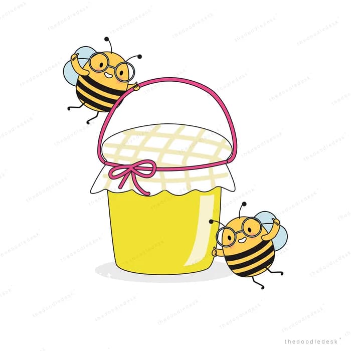 Bees around a yellow honey pot with a bow