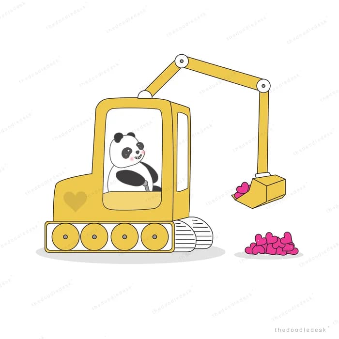 Panda operating a yellow excavator