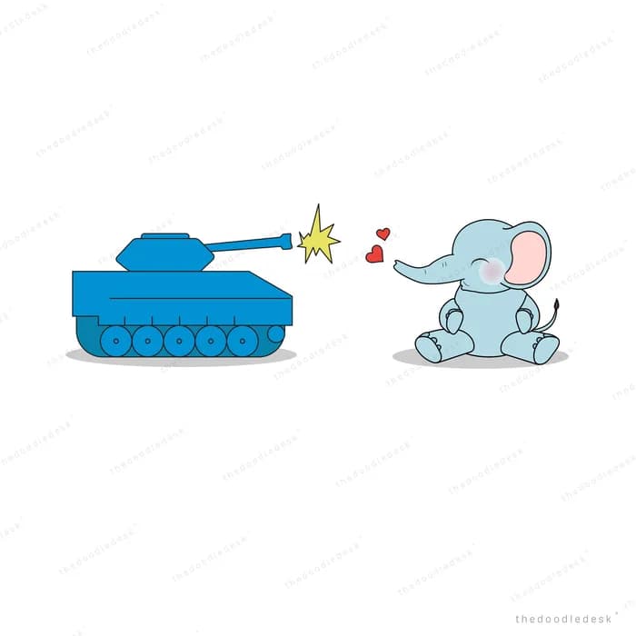 Elephant beside a toy tank firing hearts